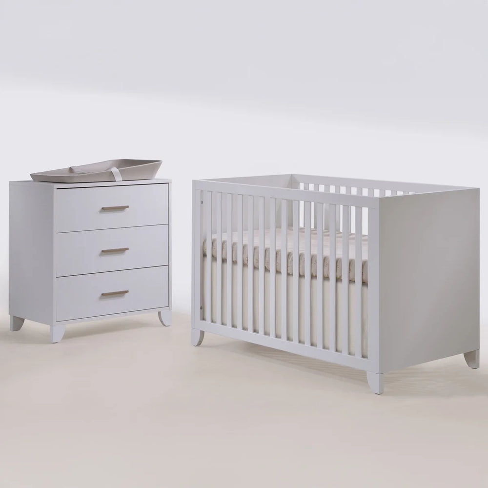 Natart Tulip Aiko Island Crib + 3 Drawer Dresser - All White