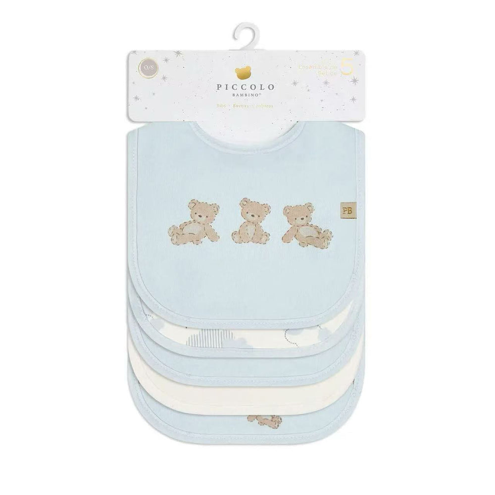 Piccolo Bambino 5 Milk Bib Set, 2 All-over Printed & 3 Solid - Blue