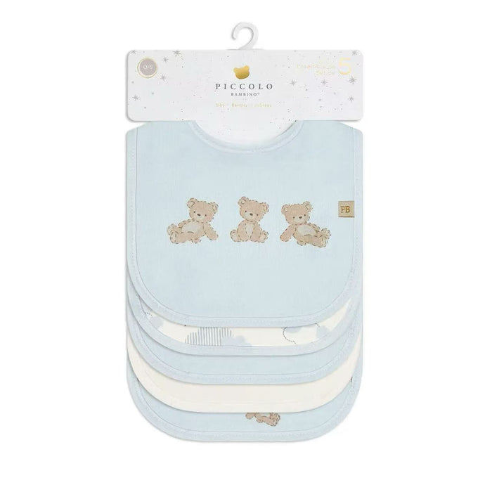 Piccolo Bambino 5 Milk Bib Set, 2 All-over Printed & 3 Solid - Blue