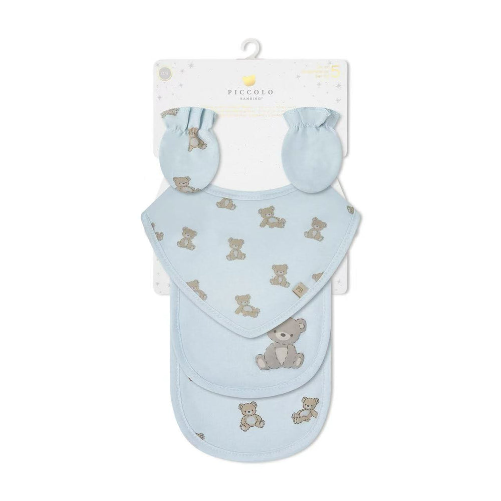 Piccolo Bambino 5 Pack Jersey Mitts, Bandana Bibs & Burp Cloth - Blue