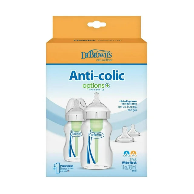 Dr Brown's Options+ Wide-Neck Anti-Colic 2pk Level2 Nipples Bottles 11oz/330ml