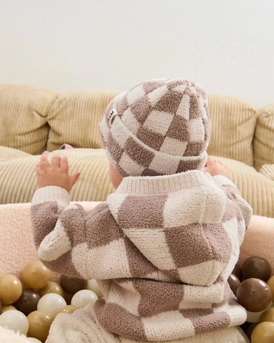 7am Hooded Cardigan Checkers Fuzzy- Ecru & Taupe 2-3T