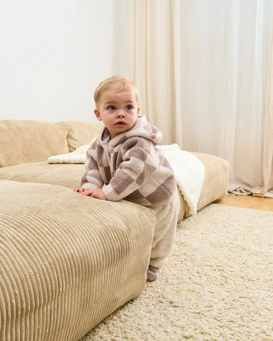 7am Hooded Cardigan Checkers Fuzzy- Ecru & Taupe 1-2T