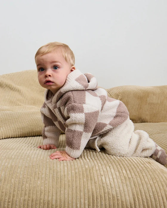 7am Hooded Cardigan Checkers Fuzzy- Ecru & Taupe 2-3T