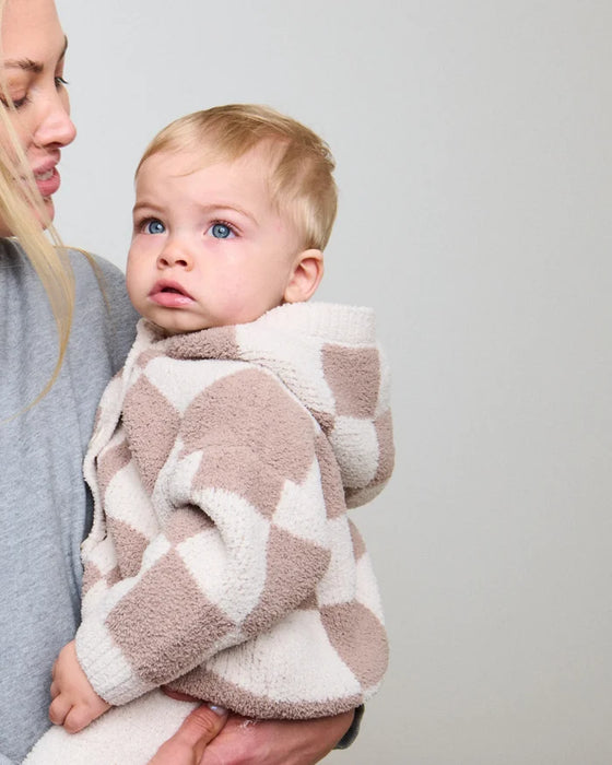 7am Hooded Cardigan Checkers Fuzzy- Ecru & Taupe 2-3T