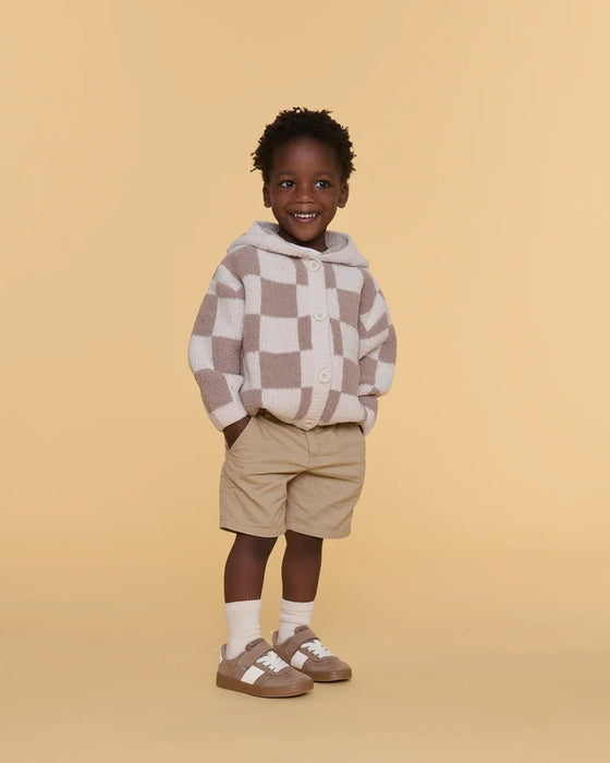 7am Hooded Cardigan Checkers Fuzzy- Ecru & Taupe 2-3T