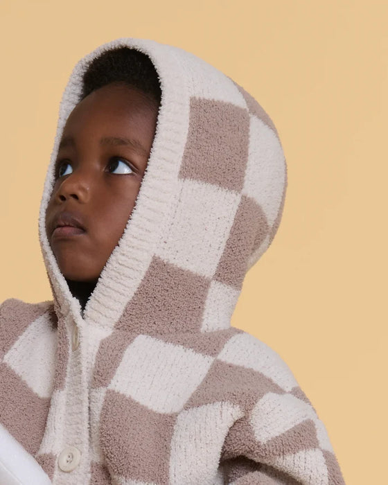 7am Hooded Cardigan Checkers Fuzzy- Ecru & Taupe 2-3T