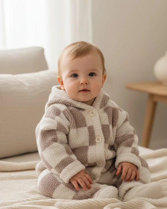 7am Hooded Cardigan Checkers Fuzzy- Ecru & Taupe 2-3T
