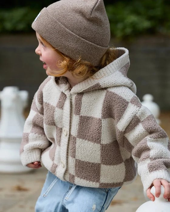 7am Hooded Cardigan Checkers Fuzzy- Ecru & Taupe 1-2T