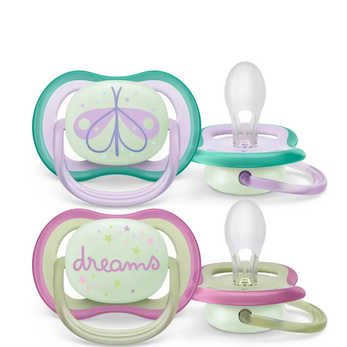 Avent Ultra Air Pacifier Nighttime 0-6M 2pk - Lilac Dragonfly/Dreams