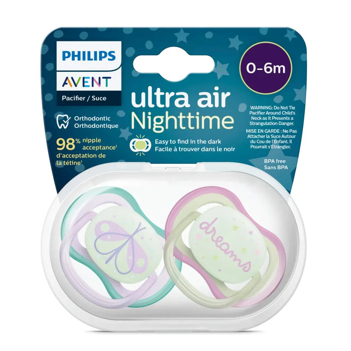 Avent Ultra Air Pacifier Nighttime 0-6M 2pk - Lilac Dragonfly/Dreams
