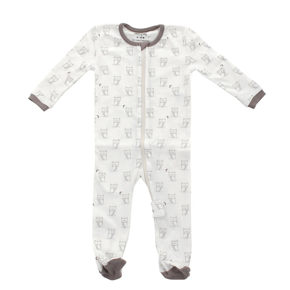 Silkberry Baby Sweet Nature LS Organic Cotton Footed Sleeper - Silver cloud owl