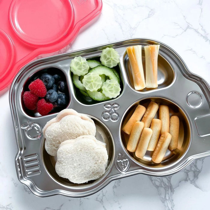 Innobaby Steel Divided Plate w Lid - Friendly Bus Pink