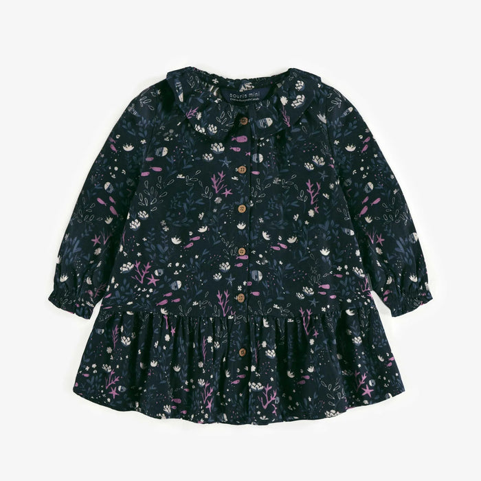 Souris Mini Dress w/ Seabed Illustrations - Navy
