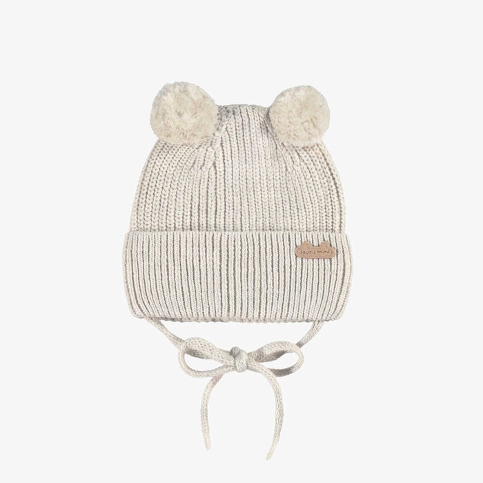 Souris Mini Knit Beanie w/ Pom-Poms - Cream
