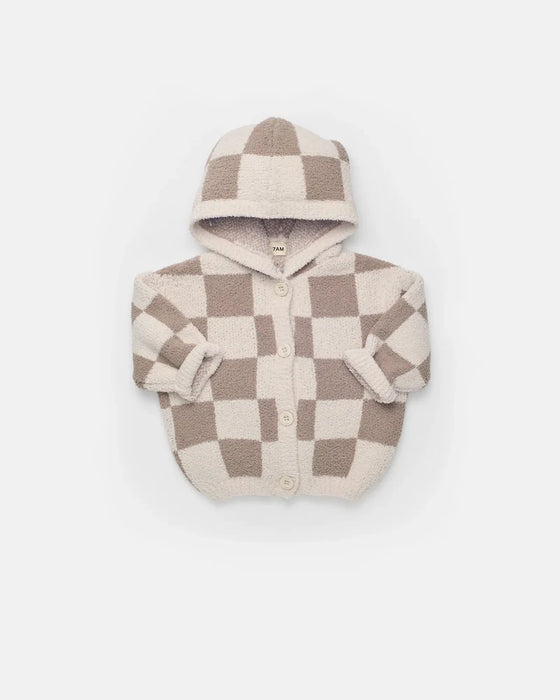 7am Hooded Cardigan Checkers Fuzzy- Ecru & Taupe 1-2T