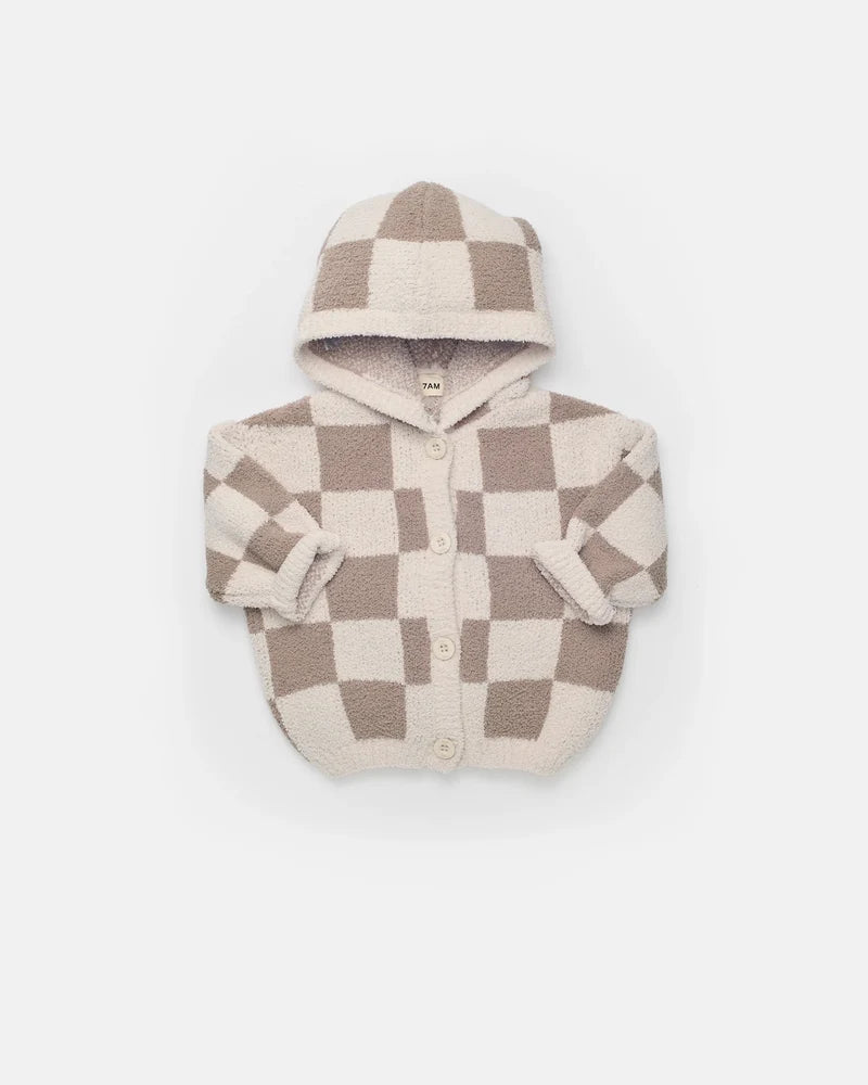 7am Hooded Cardigan Checkers Fuzzy- Ecru & Taupe 1-2T