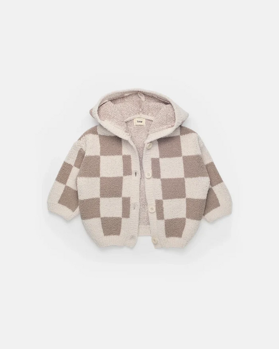7am Hooded Cardigan Checkers Fuzzy- Ecru & Taupe 6-12M