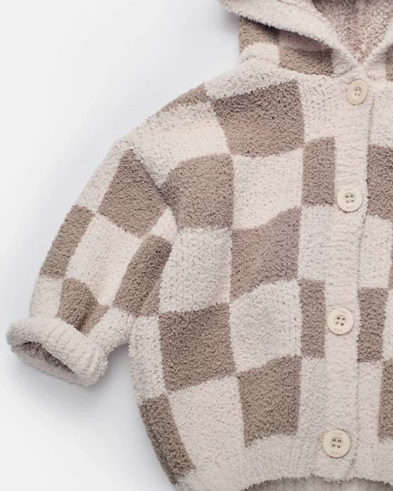 7am Hooded Cardigan Checkers Fuzzy- Ecru & Taupe 6-12M