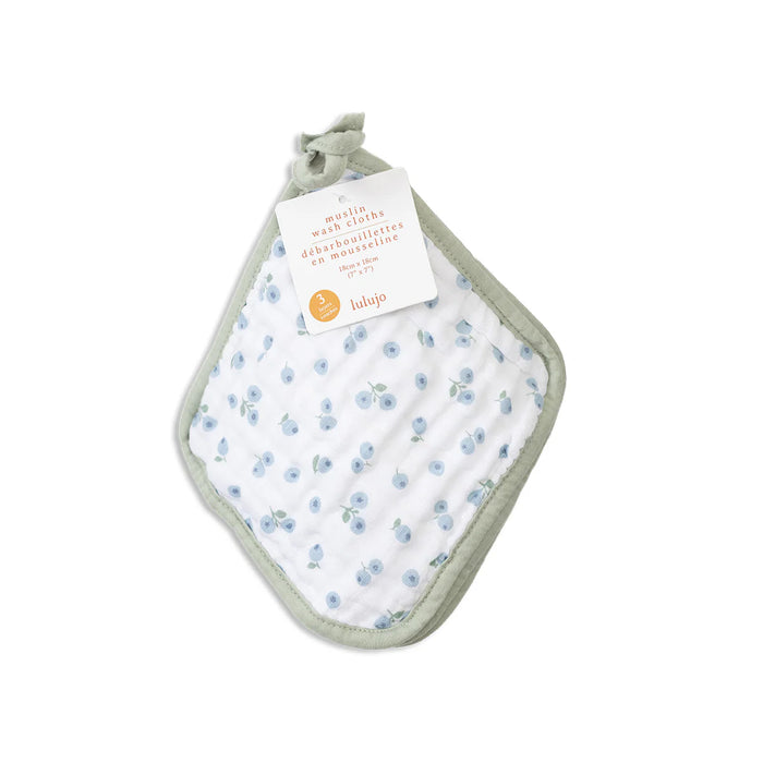 Lulujo Muslin Wash Cloths 3pk - White/Blueberry