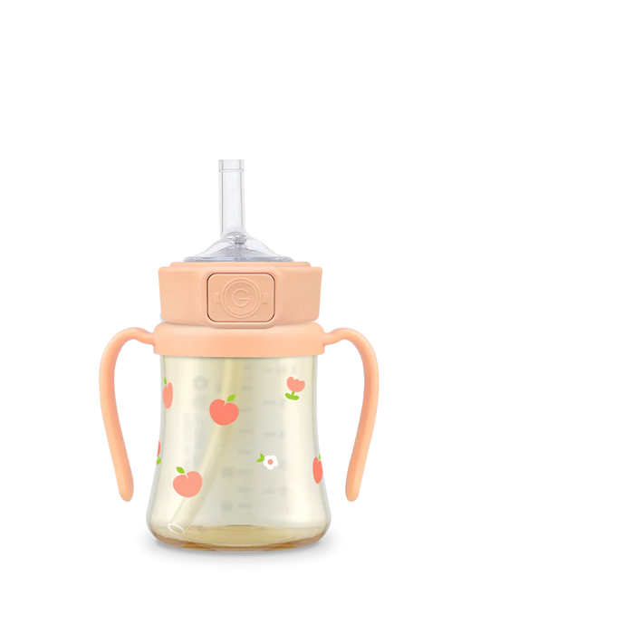 Grosmimi PPSU Straw Cup With Steel Free One Touch Cap - Peach Flower 200ml