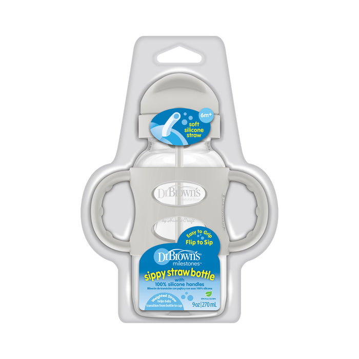 Dr Brown's Wideneck Sippy Straw Bottle w/Silicone Handle - Gray 9oz