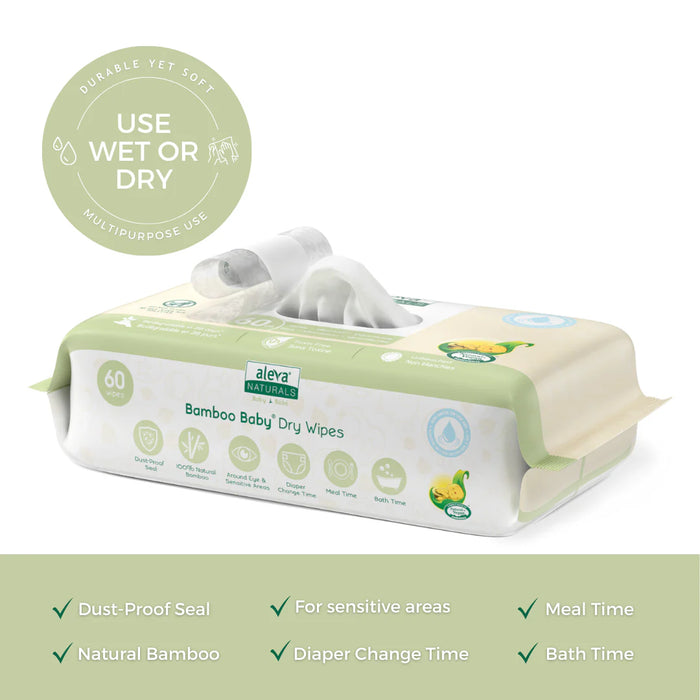 Aleva Bamboo Baby Dry Wipes 60ct