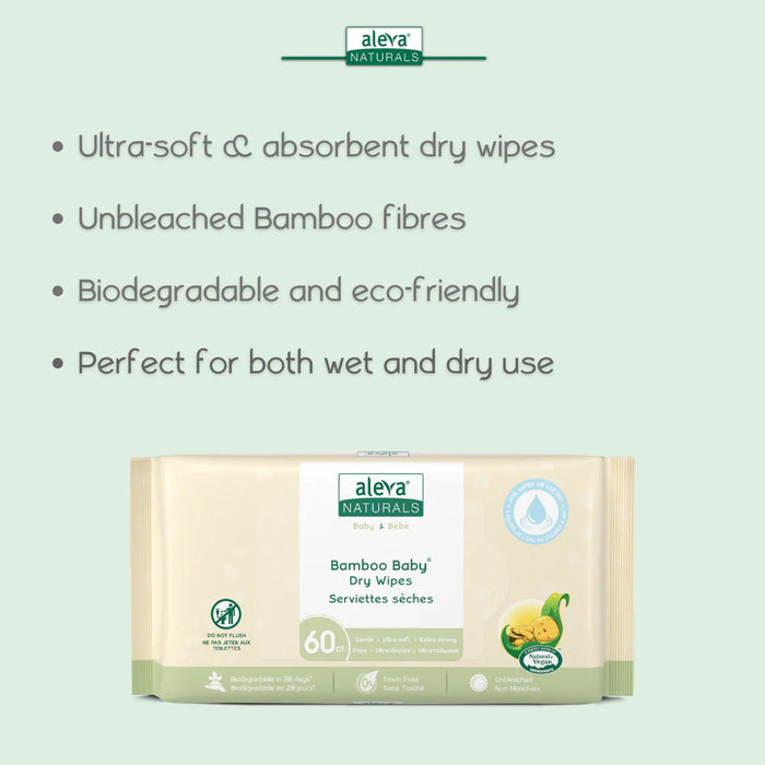 Aleva Bamboo Baby Dry Wipes 60ct