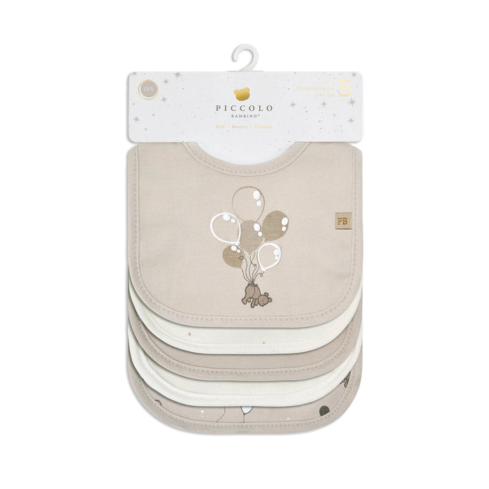 Piccolo Bambino 5 Milk Bib Set 2 all over printed & 3 solid - Beige