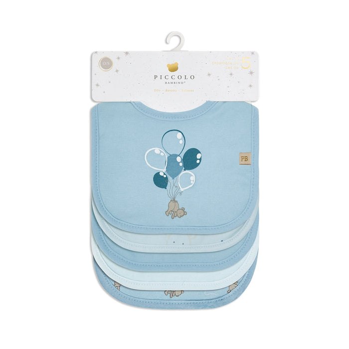 Piccolo Bambino 5pk Milk Bib Set 2 all over printed & 3 solid - Blue