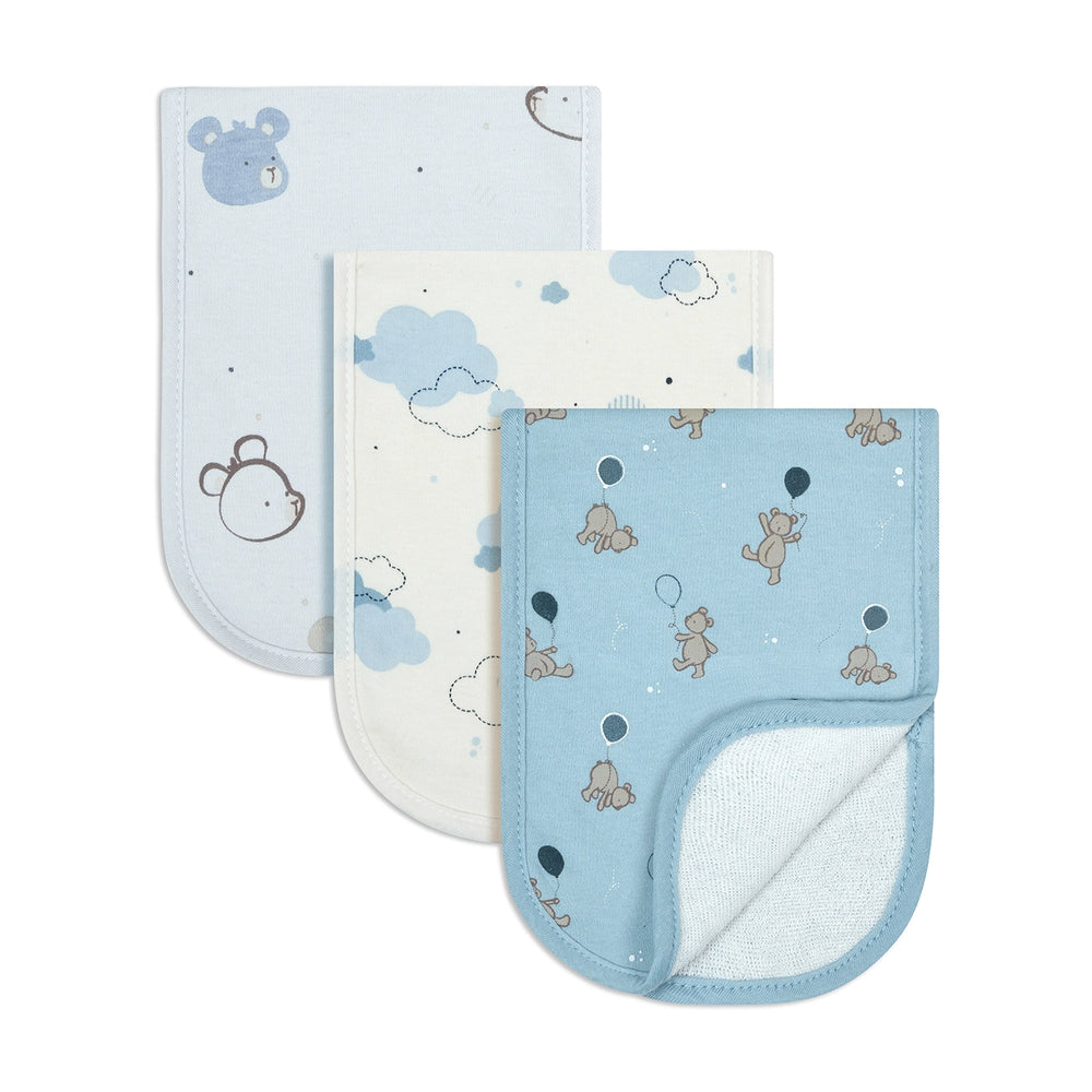 Piccolo Bambino 3pk Solid & all over printed Burp cloths - Blue