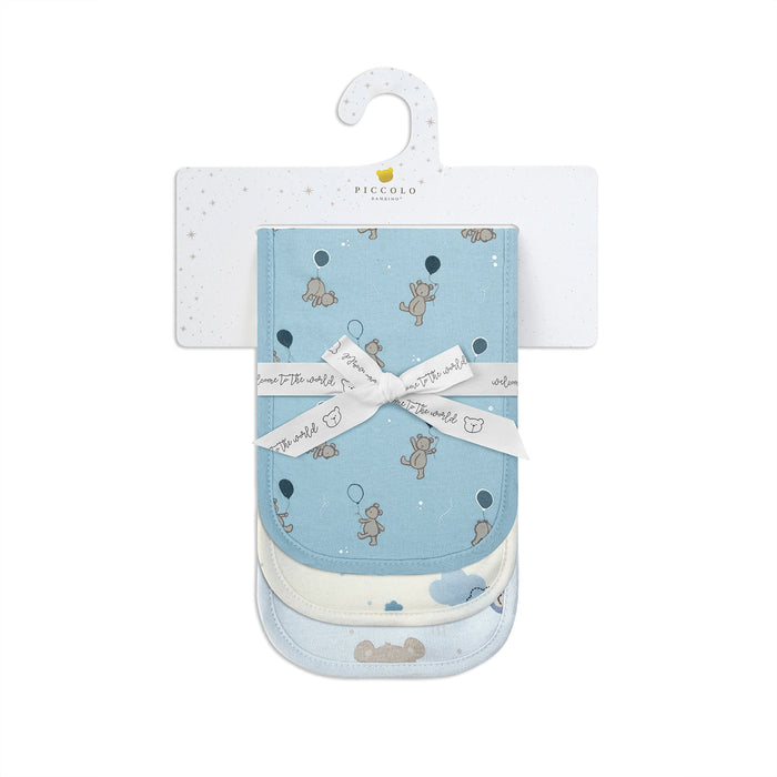 Piccolo Bambino 3pk Solid & all over printed Burp cloths - Blue