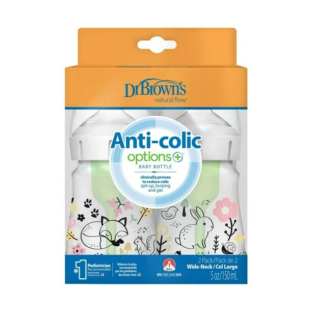 Dr Brown's Wide-Neck Anti-Colic Options+ 2pk Designer Bottles - Woodland 5oz
