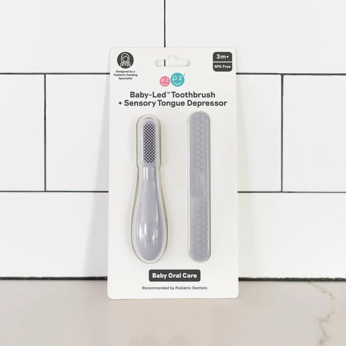 Ezpz Baby-Led Toothbrush+Sensory Tongue Depressor Dual Pack - Pewter