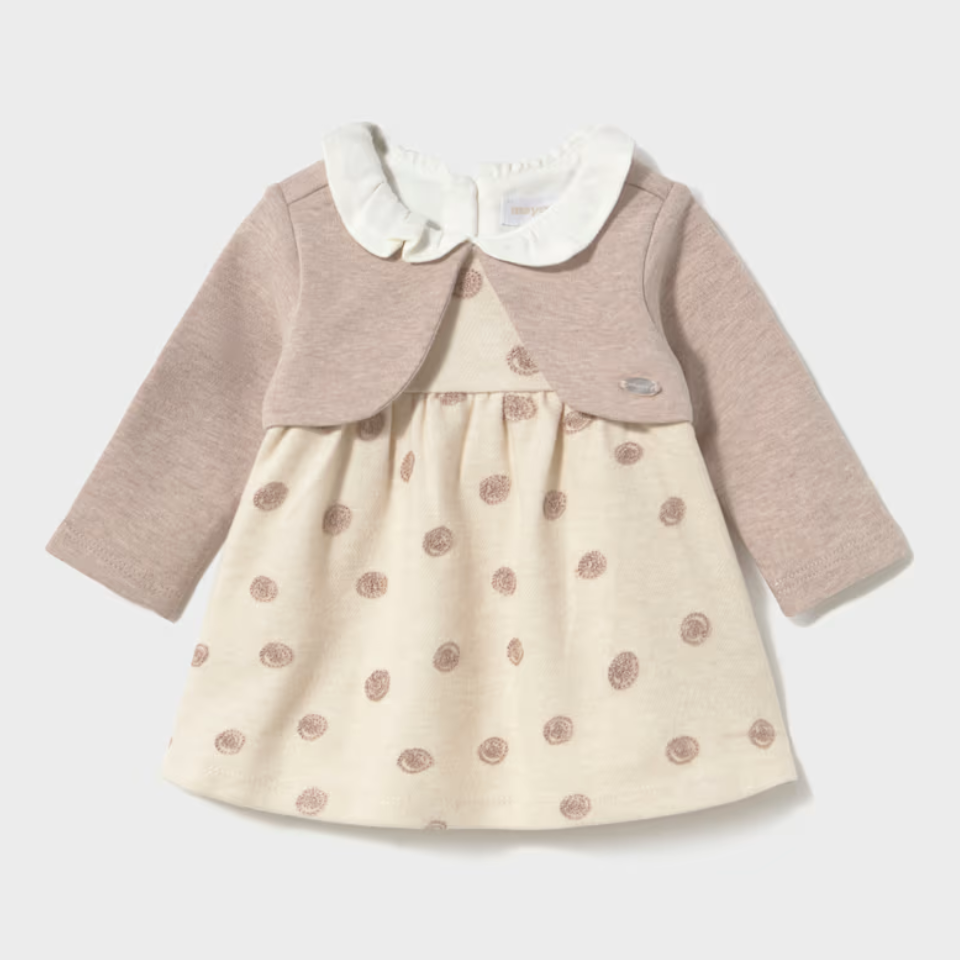 Mayoral Baby Girls Pink Dress with Build-In Knit Cardigan - Cipria Vig