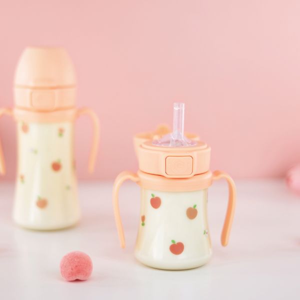 Grosmimi PPSU Straw Cup With Steel Free One Touch Cap - Peach Flower 200ml