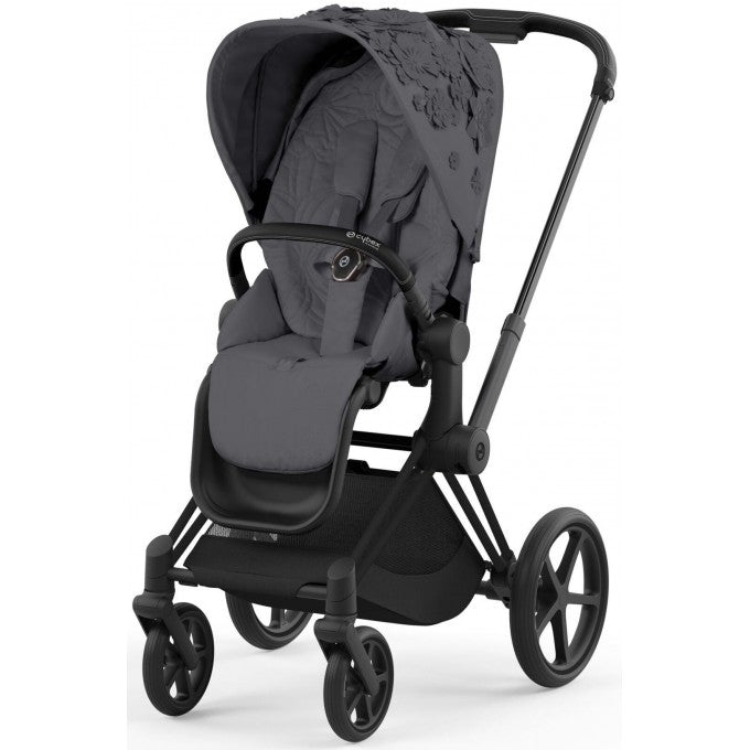Cybex Priam4 - Matte Black Frame w/ Simply Flowers Grey Seat