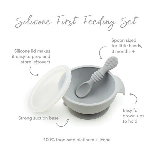 Bumkins Silicone First Feeding Set with Lid & Spoon - Grey