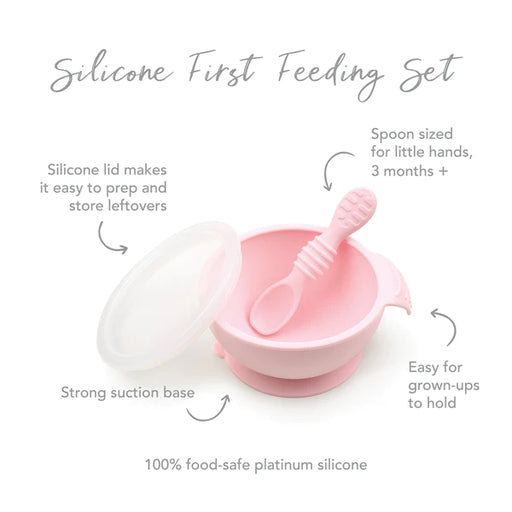 Bumkins Silicone First Feeding Set with Lid & Spoon - Pink