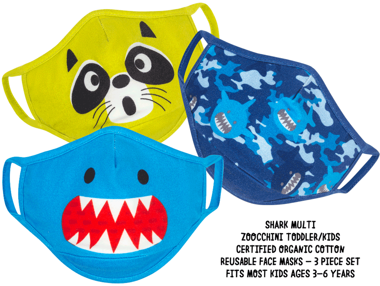 Zoocchini Organic Reusable Mask 3pk - Shark Multi