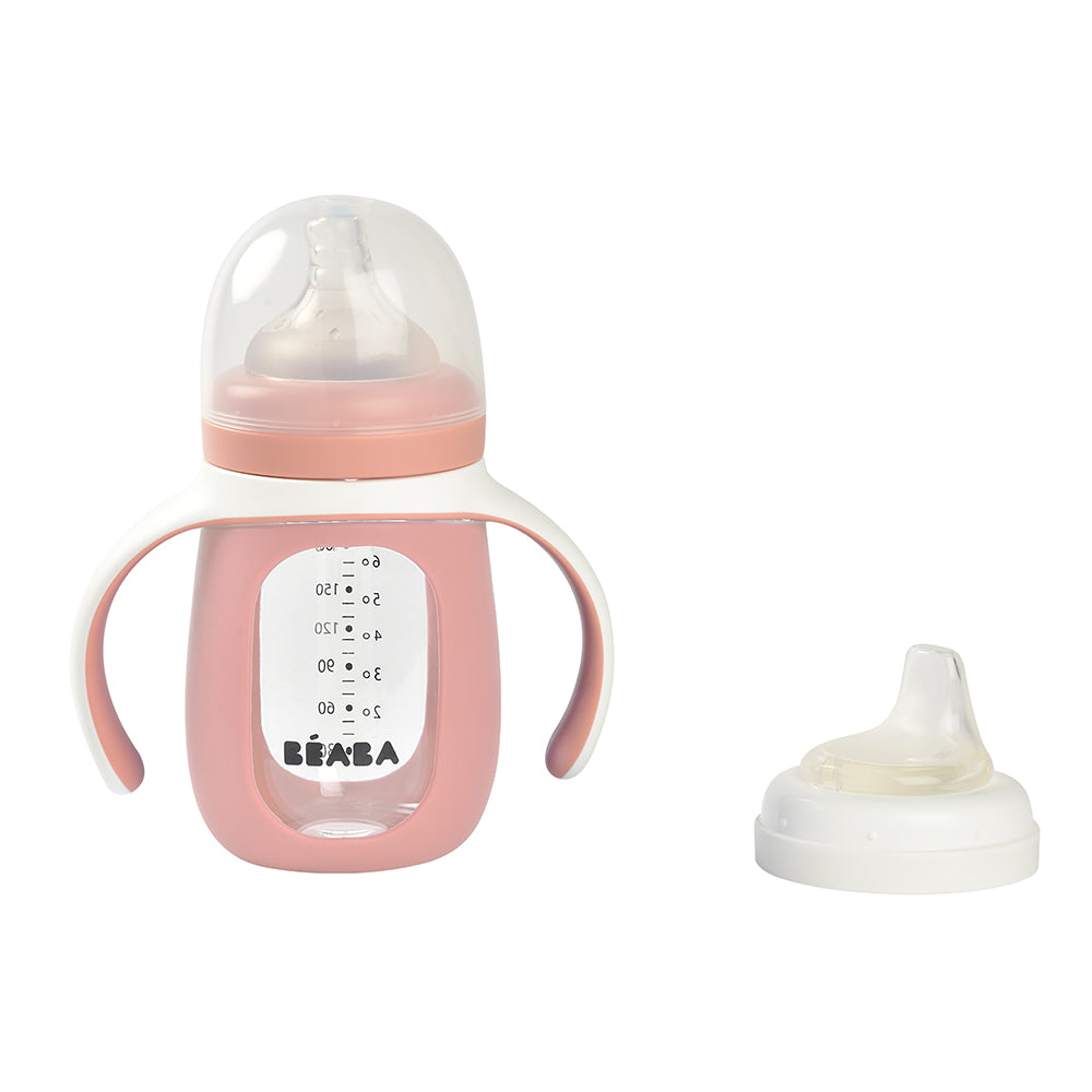 Beaba 2-in-1 Glass Training Bottle - Rose/Pink