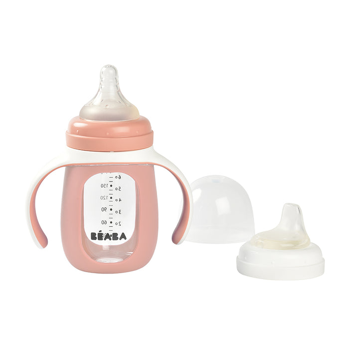 Beaba 2-in-1 Glass Training Bottle - Rose/Pink