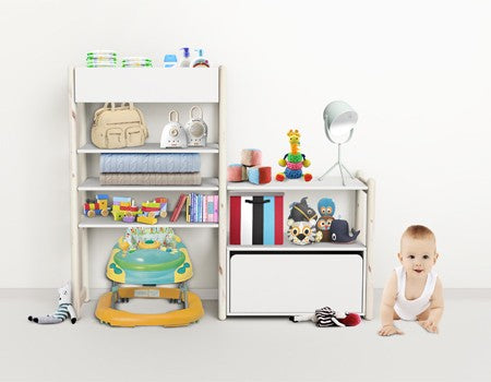 FLEXA SHELFIE Combi1 3 Shelves and Organiser Box Combined with Mini with 1 shelf and Chest White Washed (Markham In store pick-up Only)