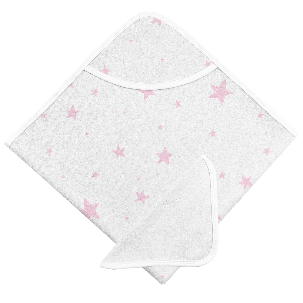 Kushies Hooded Bath Towel & Washcloth Set - Pink Scribble Stars (B568-604)