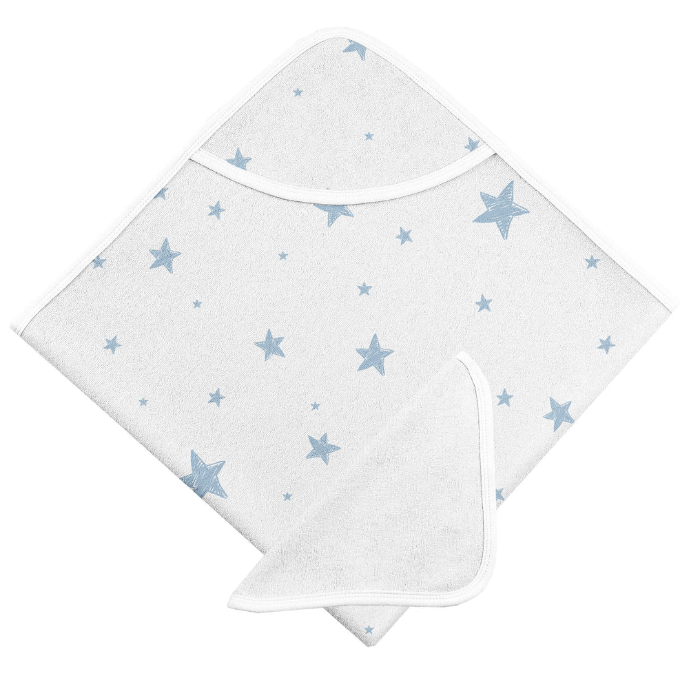 Kushies Hooded Bath Towel & Washcloth Set - Blue Scribble Stars (B568-605)