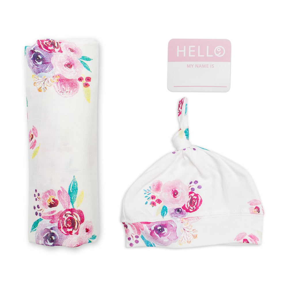 Lulujo Hello World Blanket & Knotted Hat Posies