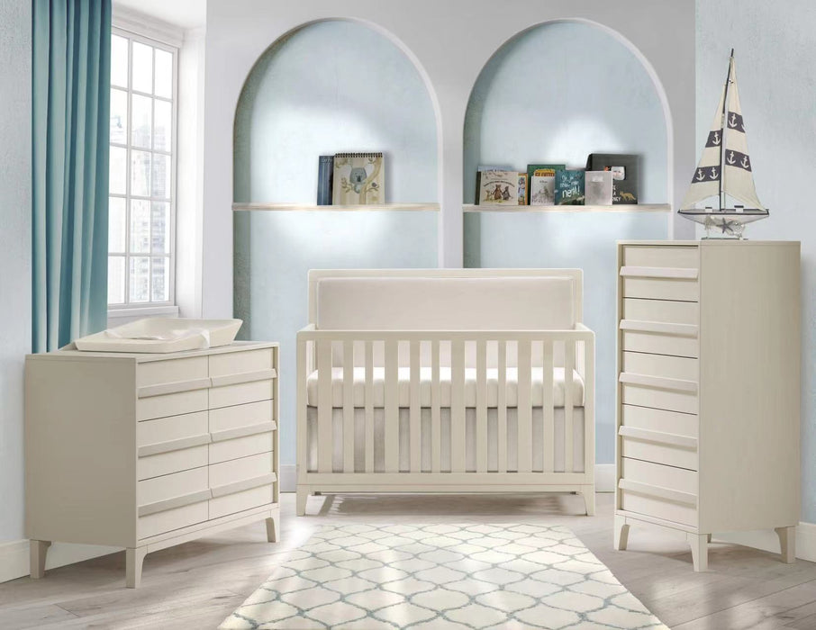 Natart Juvenile Kyoto Convertible Crib White with Talc linen Upholstered panel  (MARKHAM PICKUP ONLY)