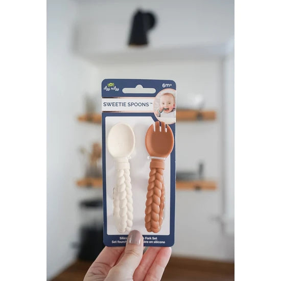 Itzy Ritzy Sweetie Silicone Baby Spoon Fork Set  - Buttercream & Toffee