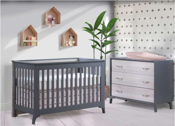 Natart Tulip Metro Convertible Crib and 3 Drawer Dresser XL- Charcoal/Washed Walnut - MARKHAM STORE PICKUP ONLY