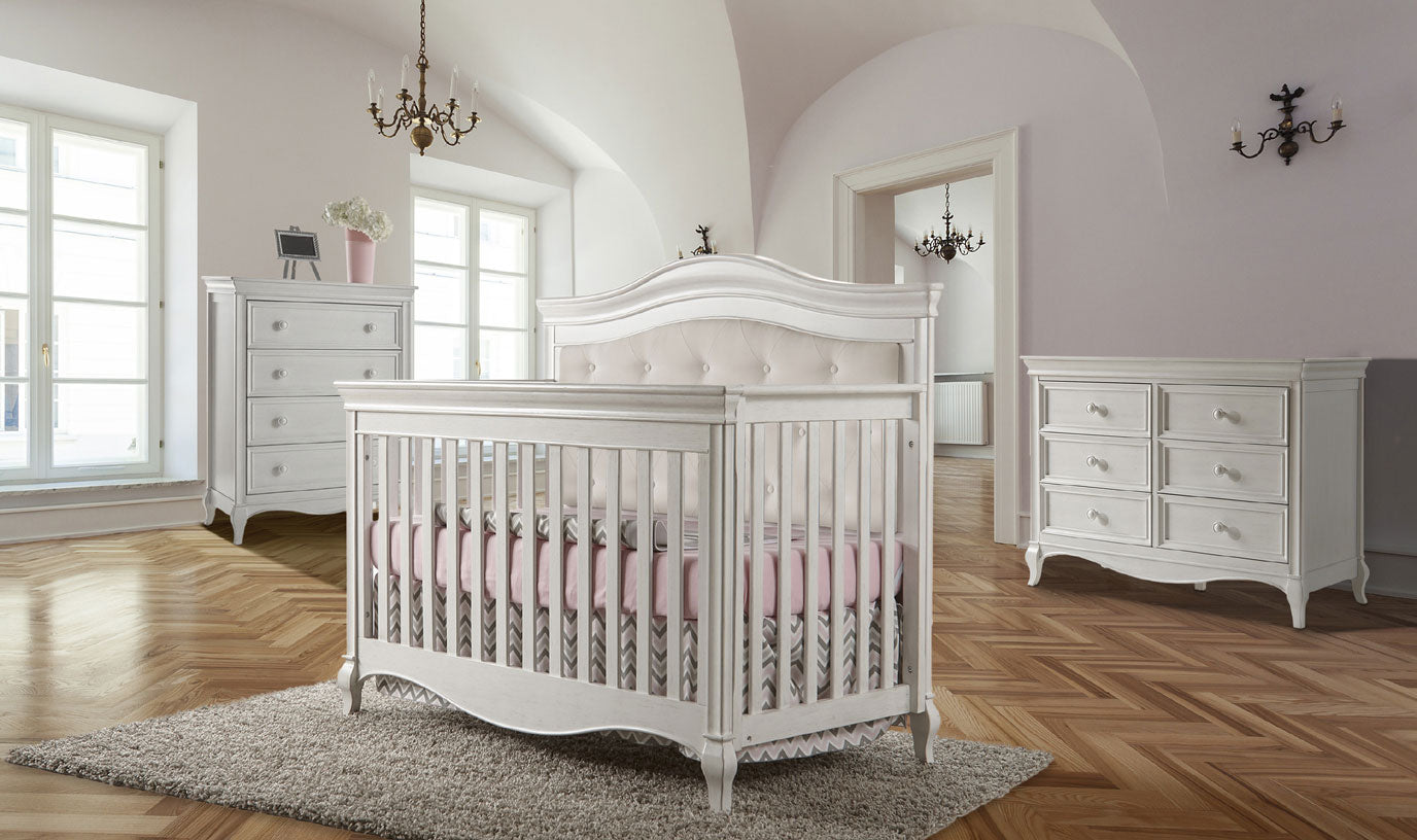 Pali Diamante Crib with Fabric Panel + Diamante Dresser Bundle - Vintage White (PALI2400 + PALI2406)